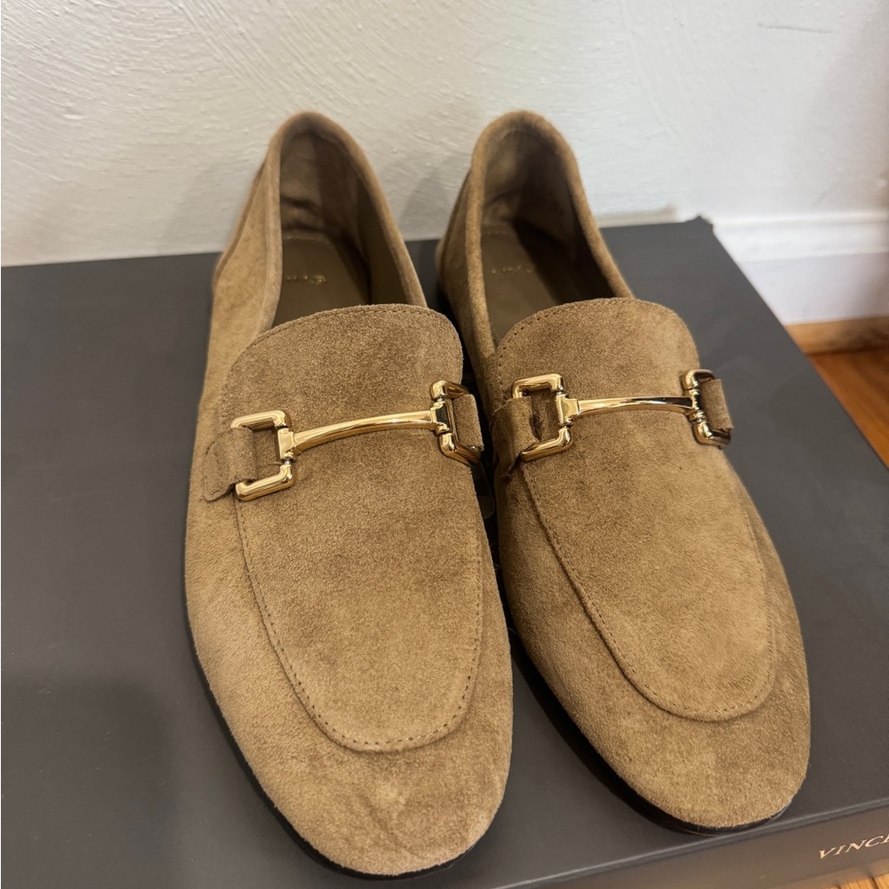 Mango Tan Suede Loafers with Gold Bit
